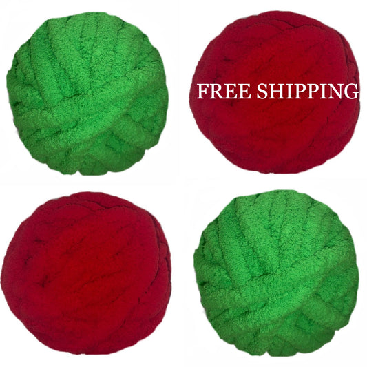 Christmas 4 pack Chunky Chenille Jumbo Yarn ~ Red and Nitro Green Yarn ~ 2 of each color