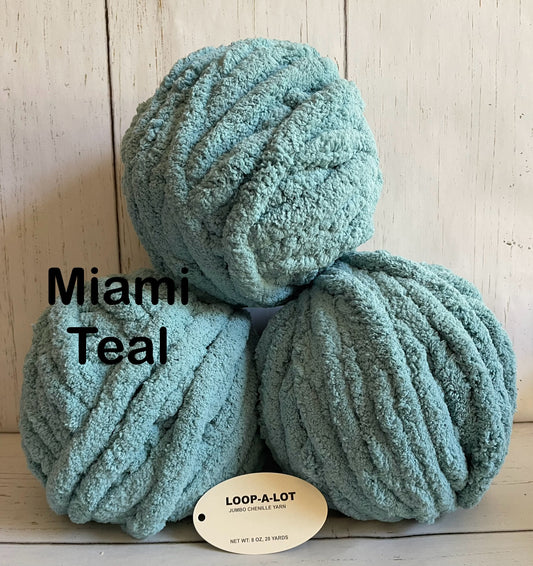 JUMBO Chenille Yarn, NEW COLOR ~ Miami Teal ~ Loop-A-Lot 8oz/226.8g, 28y, Polyester, Super Bulky 7 -Low Shipping rates