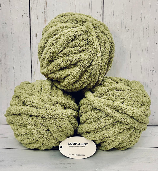 JUMBO Chenille Yarn, NEW COLOR ~ Green Tea ~ Loop-A-Lot 8oz/226.8g, 28y, Polyester, Super Bulky 7 -Low Shipping rates