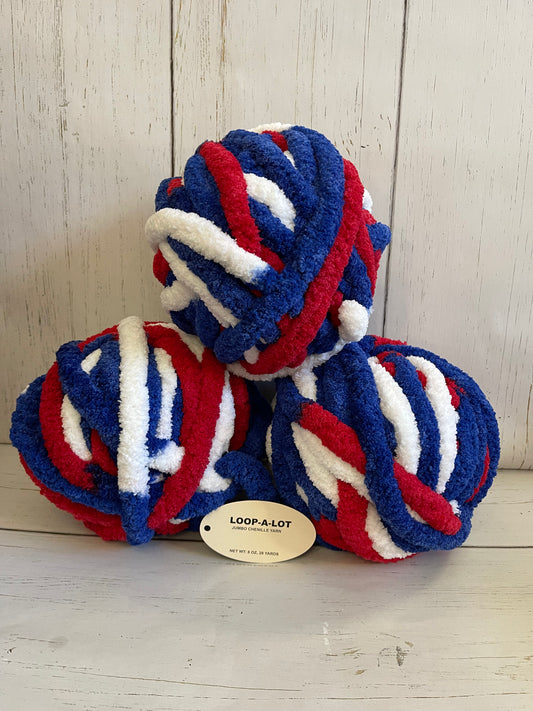 JUMBO Chenille Yarn, NEW COLOR ~ Red,White, Blue Yarn ~ Loop-A-Lot 8oz/226.8g, 28y, Polyester, Super Bulky 7 -Low Shipping rates