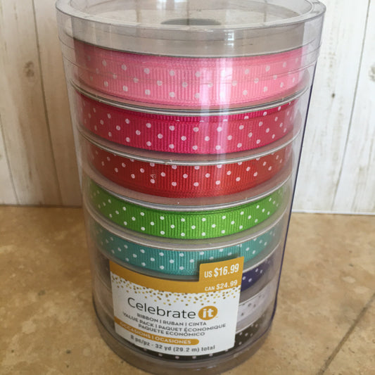 RIBBON  DOTS & STITCHES 32 Yards Polyester 8 Colors on each roll, crafts. knitting, decorating, pastels, primary